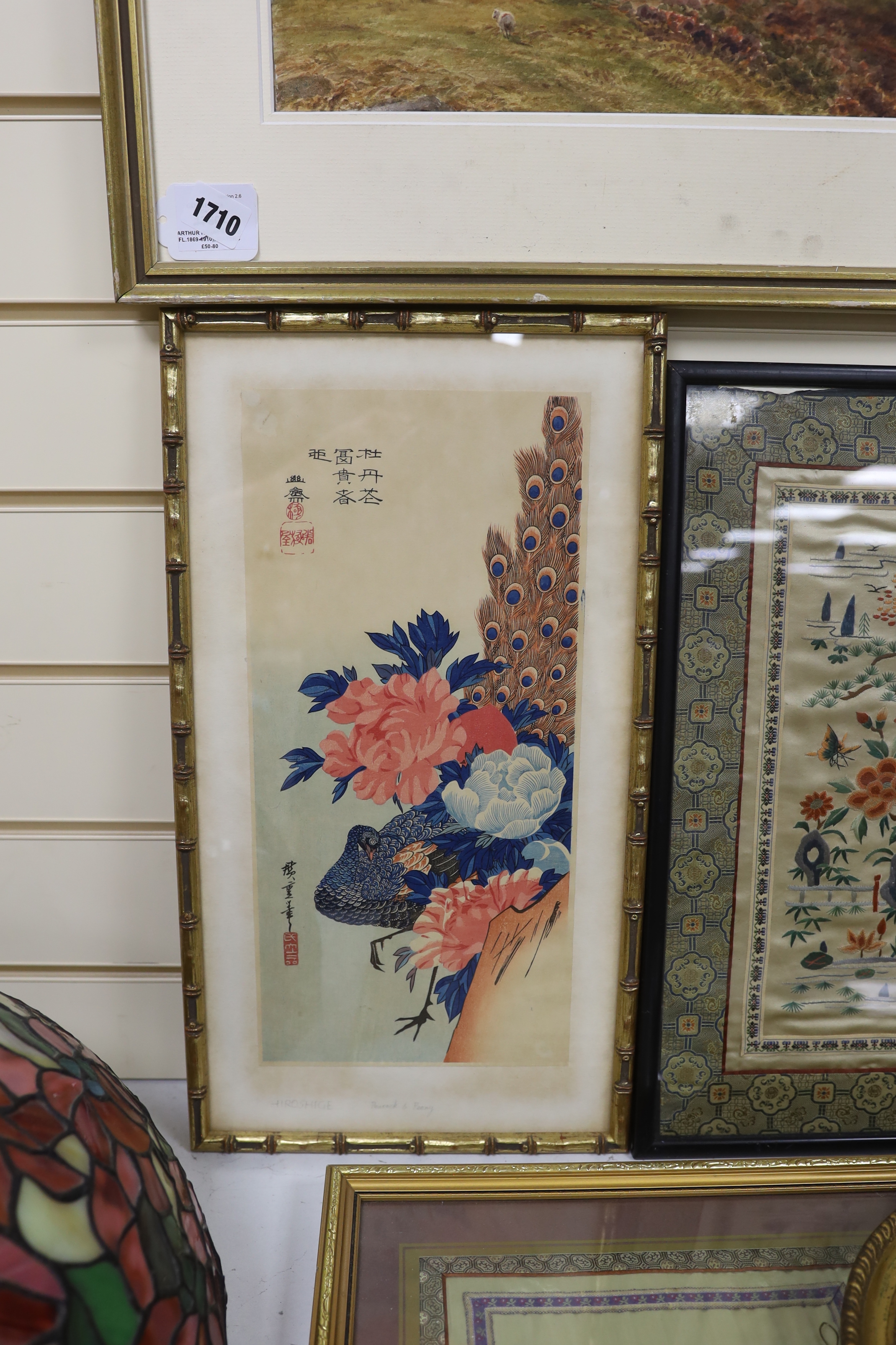 Two pairs of framed 20th century Chinese silk embroideries, two using Chinese knotting, a Hiroshima ‘Peacock and Peony’ print and a circular, figural landscape embroidery (6)